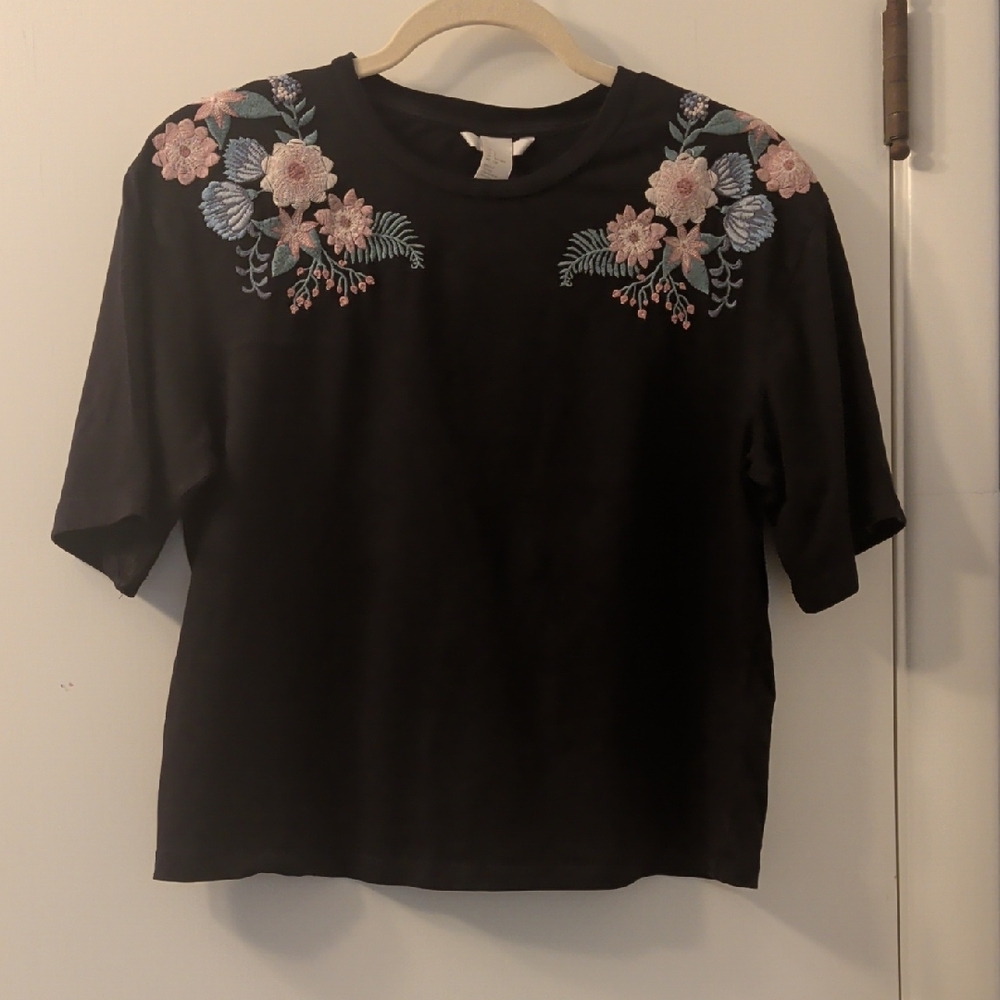 Floral Embroidered Black Cotton Top